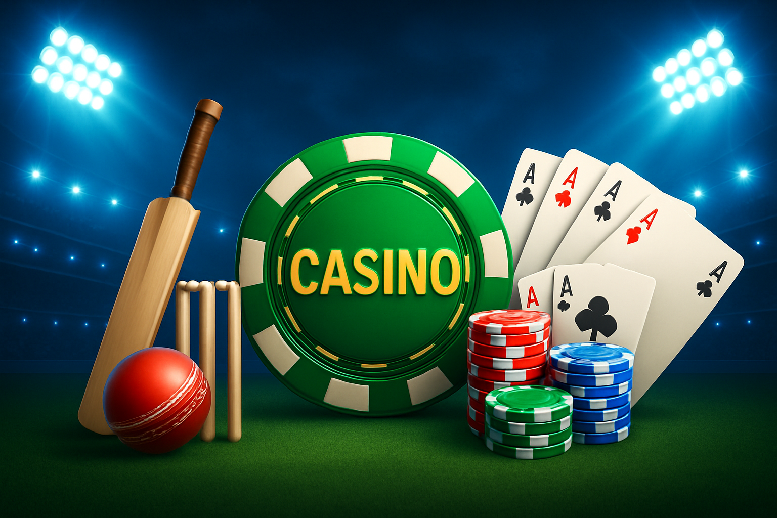 Cricket gear and casino elements like chips and playing cards placed on a stadium field illuminated by bright floodlights.